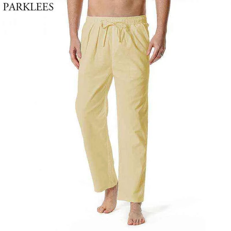 2021 Nouveaux pantalons en lin de coton pour hommes Pantalons de salon à taille élastique avec cordon de serrage pour hommes Pantalons de yoga légers décontractés Pantalons d'été de plage Kaki G0104