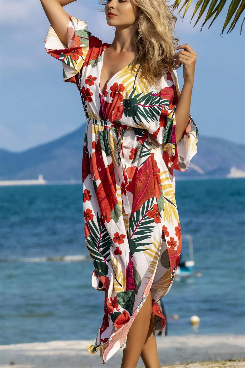 YouKD Summer Cotton Embroidered Floral Loose Caftan Boho Beach Bikini Cover Up Dress Plus Size Robe for Women