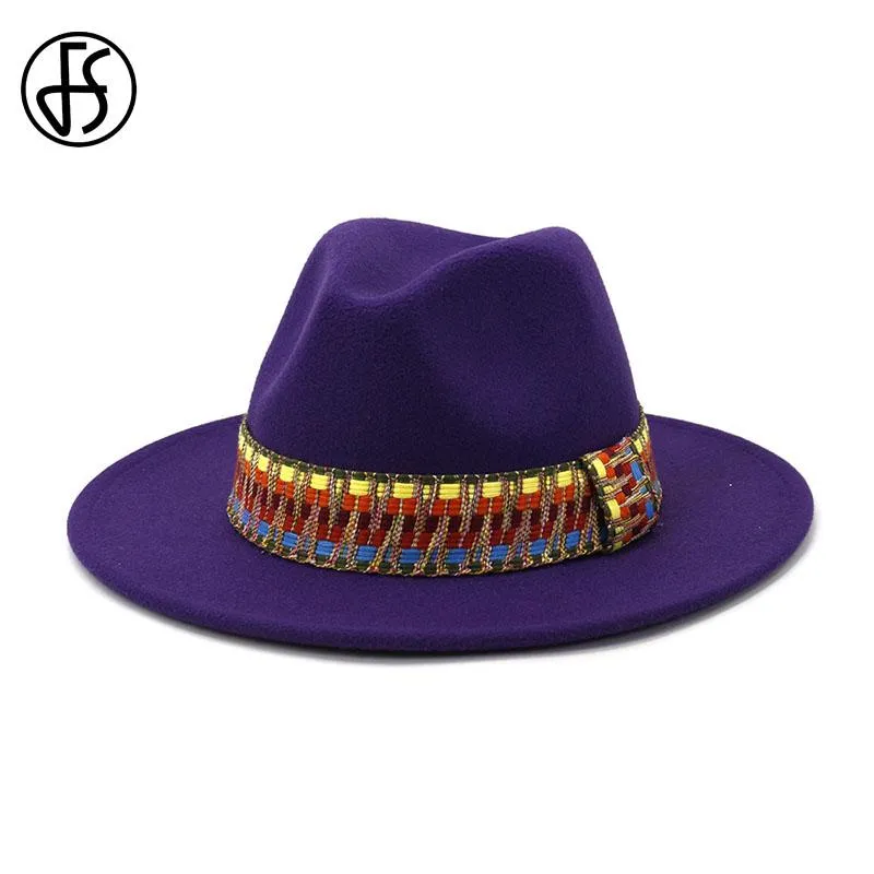 FS Purple Fedora Hats Men Women Wide Brim Wool Felt Jazz Hat Autumn
