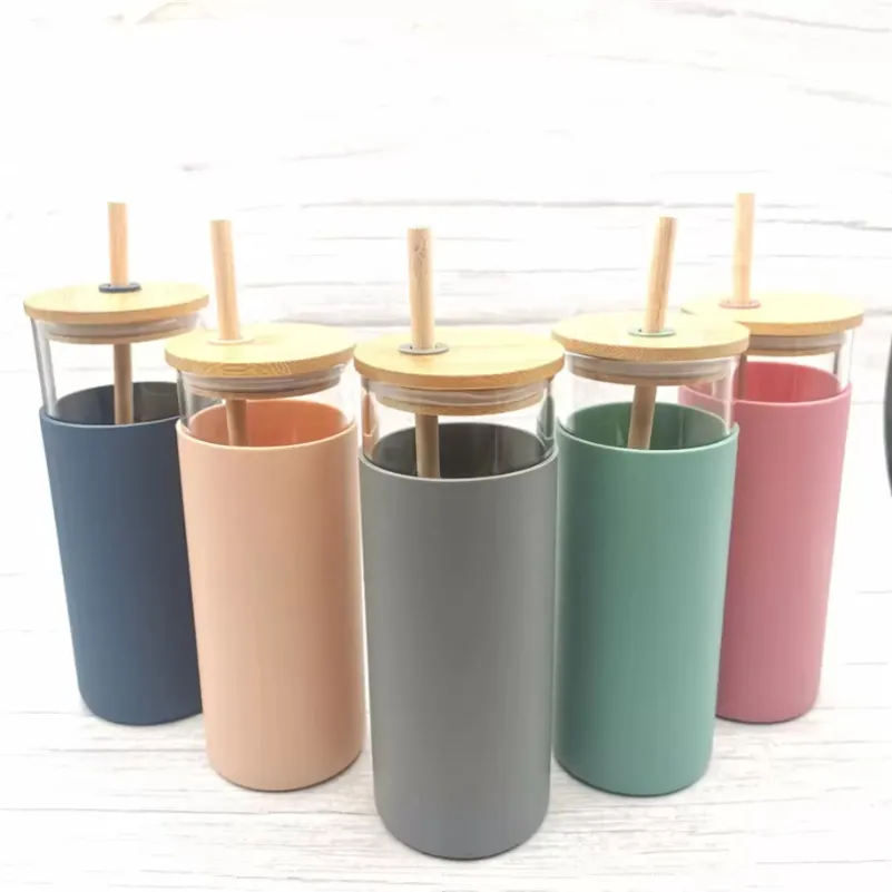 16oz Cam Kupa Suyu Süt Kupalar Silikon Kollu Bambu Kapak Ve Saman Çevre Dostu Yenilik Tumbler Şarap Şişesi Ofis Araba Panda Drinkware Xu 0117