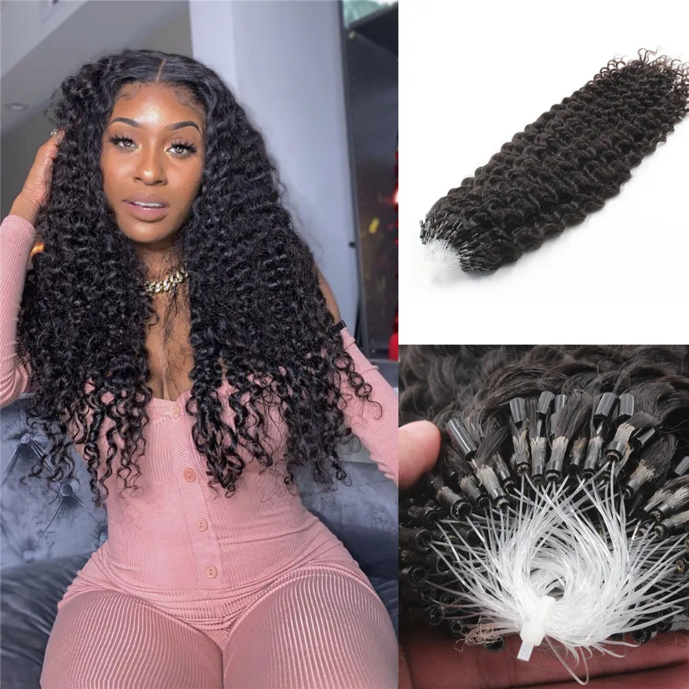 Curly Micro Ring Loop Hair Extensions Real Human Hair Natural Black Micro Links Keratin Hair Extensions 100g 1g / Strand