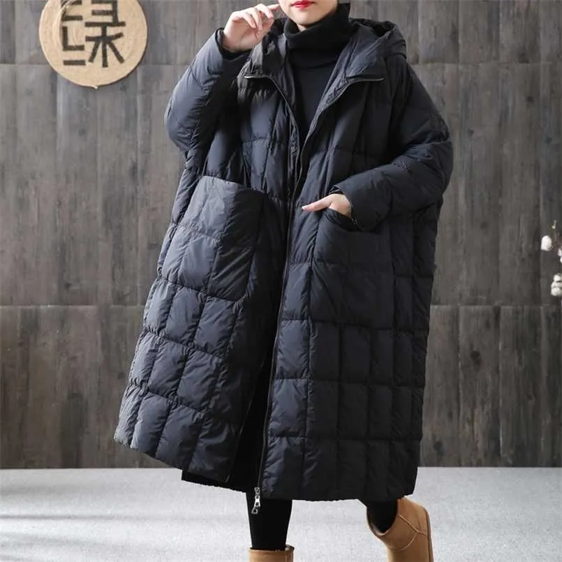 Femmes Lâche Long Manteau 90% Duvet de Canard Veste Hiver Femme Plus La Taille Pardessus Veste D'hiver Femmes Couture À Capuche Parka 211221