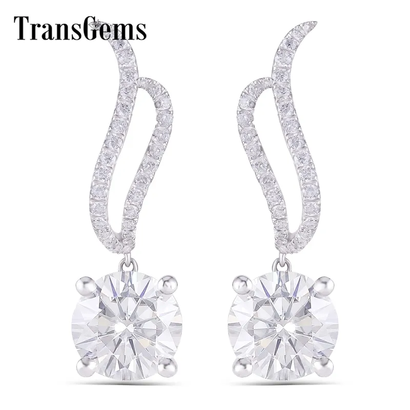 Transgems 14K 585 화이트 골드 2CTW 6.5mm GH 무색 Moissanite 드롭 귀걸이 푸시 푸시 푸른 쥬얼리 기념일 선물 Y200620