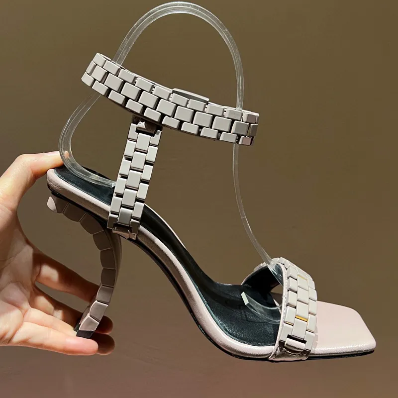 2022 Luxury Designer high heel sandals women`s metal watch with word buckle 10cm thick heel Roman open toe latest fashion spring and summer shoes golden white 35-41 box