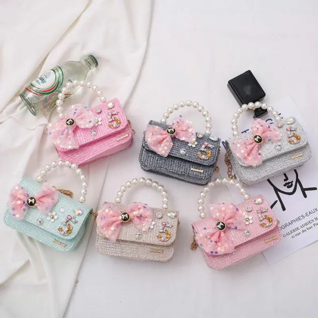 Mini sac à main pour petites filles, sac à bandoulière de princesse mignon, sac à bandoulière avec nœud en perles et paillettes pour petite fille