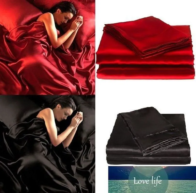 95gsm 4 Pce Luxury Satin Silk Soft QUEEN Bed Fitted Sheet Set - RED BLACK