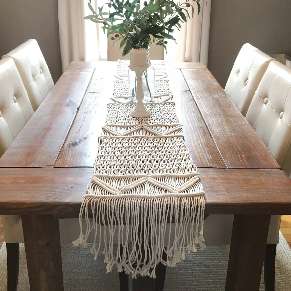 Macrame Table Runner Cotton Knitted Dining Table Decoration Tafelloper Boho Nordic Handmade Centerpiece Wedding Christmas Decor Y200421