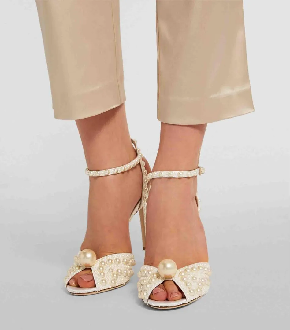 Sapão de sandália de verão Maisel Pearl embelezado sandálias Sapato tornozelo feminino Mulheres elegantes Marca Maisel Saltos altos Lady Comfort foowear eu35-42