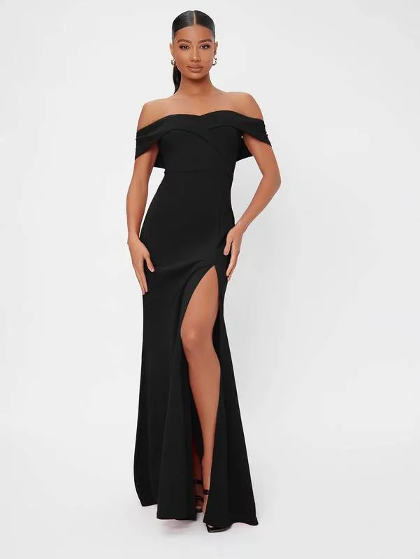 Tall Solid Off Shoulder Backless Split Thigh Prom Dress SHE