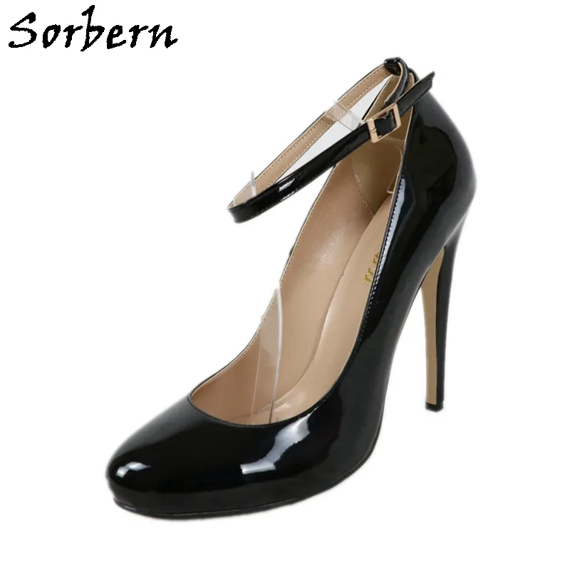 Sorbern Fashion Black Women Pump Shoes Ankle Straps Cute Round Toe Stilettos High Heels Big Size 17 Party Heels Custom Colors