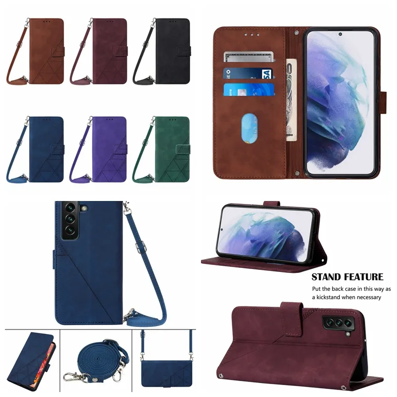 Leather Wallet Cases For Samsung F52 5G A03S A82 A22 4G A32 A02 S22 Ultra S21 Plus A13 Card Slot Business Hand Feeling Print Lines Skin Holder Flip Cover Necklace Lanyard