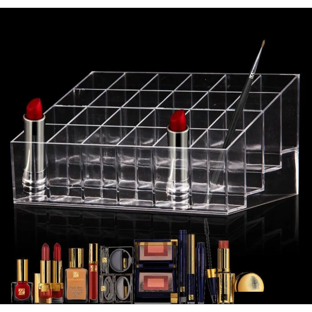 fantastic 24 trapezoid clear acrylic lipstick holder brushes makeup stand luxury cosmetic organizer display rack shipping