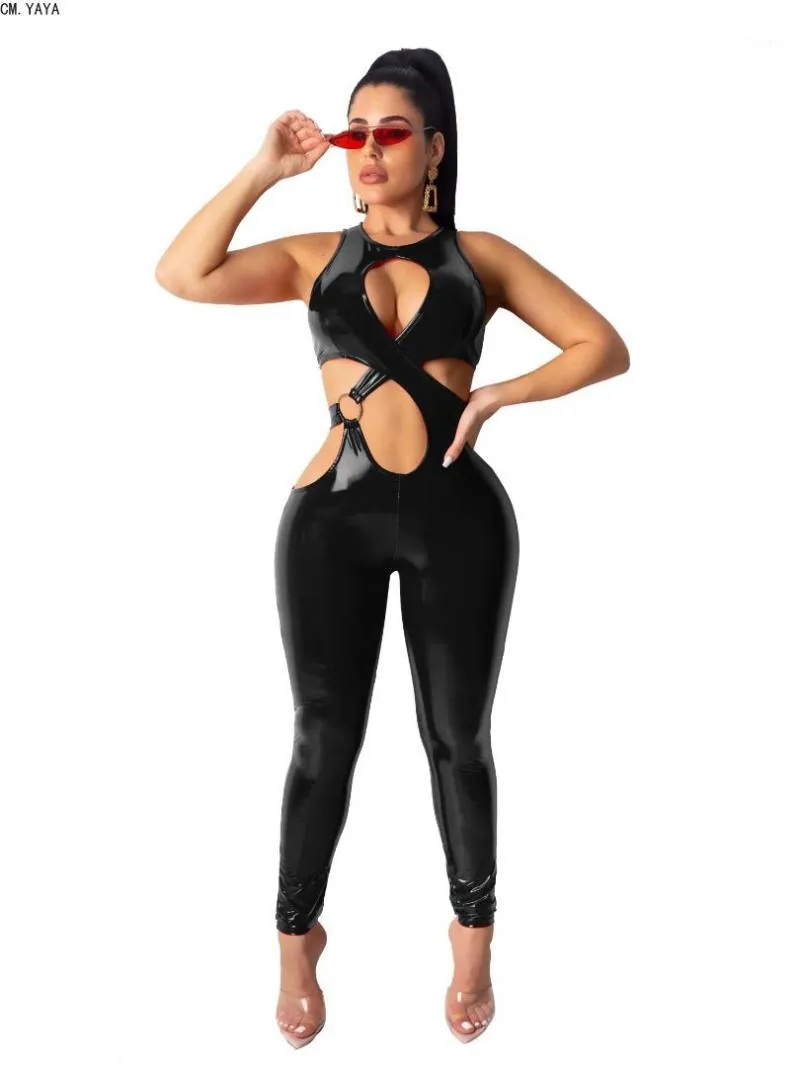 Cm.yaya nieuwe winter vrouwen jumpsuit mouwloze uitgehold rompertjes sexy outfits pu lederen jumpsuit val eendelige nachtclub 45461