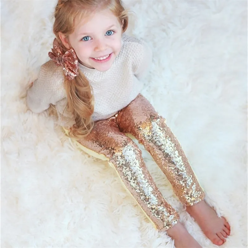 Flickor Sequin Byxor Rose Guld Sequin Leggings Sparkle Pants Glitter Leggings Girl's Sequin Bottoms LJ201019