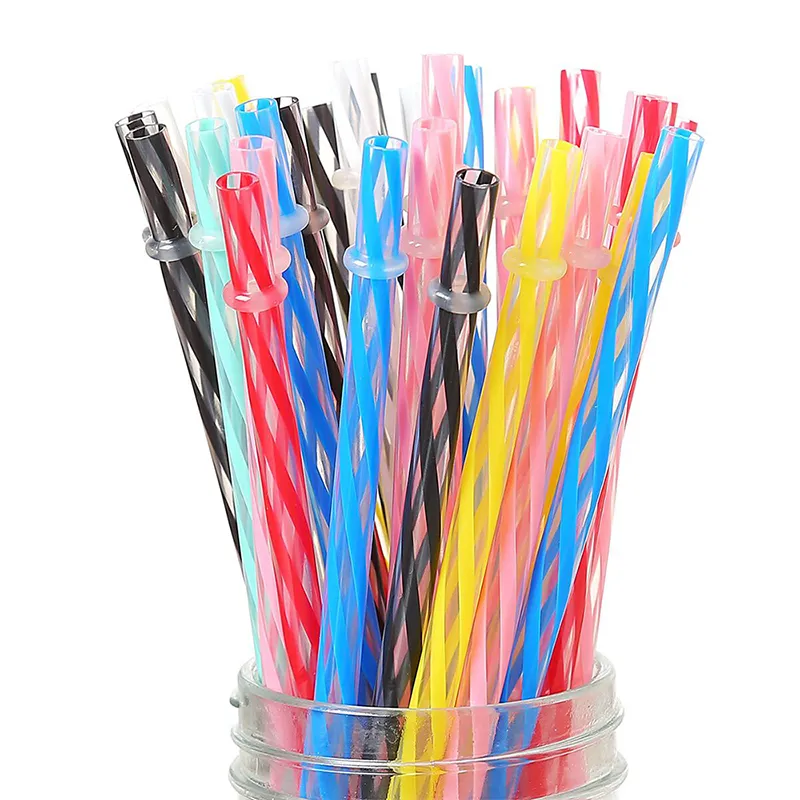 100pcs 9 Inch Reusable Plastic Drinking Straws Multi-Colors Hard Plastic Stripe PP Drink Straw with Brush