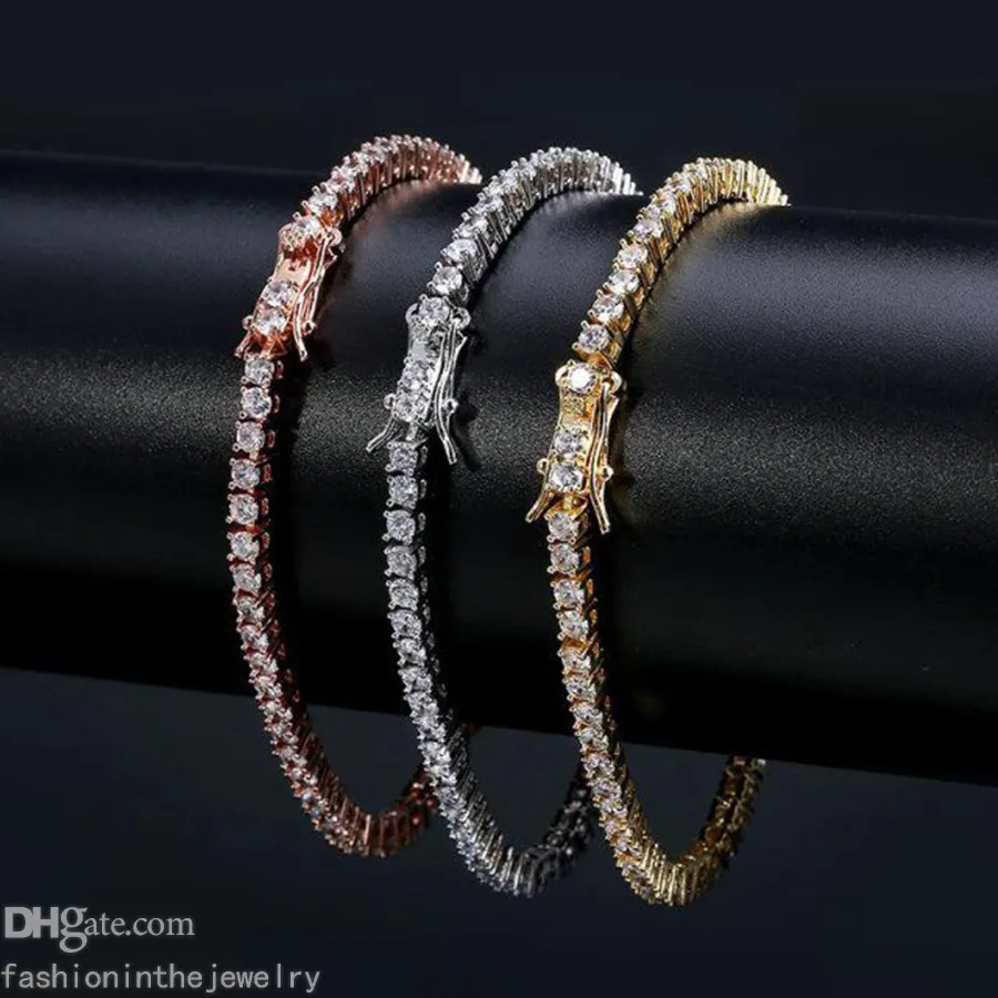 Tasarımcı bilezik elmas tenis bilezikler kadınlar için lüks takı hediye 3 4 5 6mm 7 8 inç moda zirkon link zinciri bilezik erkekler hip hop elmas paslanmaz çelik