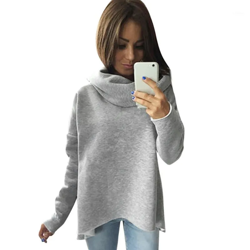 Sweats à capuche pour femmes Sweat-shirts en gros - Femmes Automne Hiver Manches Longues Pull Tops Blouse Lady Casual Col Écharpe Irrégulier Solide Colou