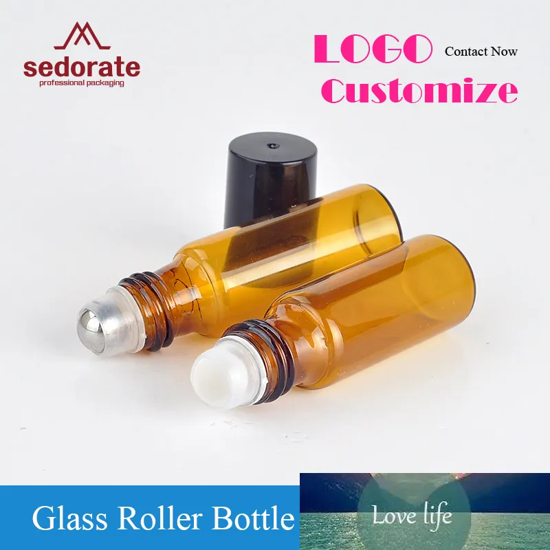 Sedeorat 50 st / parti Amber Glass Essential Oljeflaska Mini Glasflaska 5ml Glas Stålrulleflaska Elektronisk Cigarett Ryg43