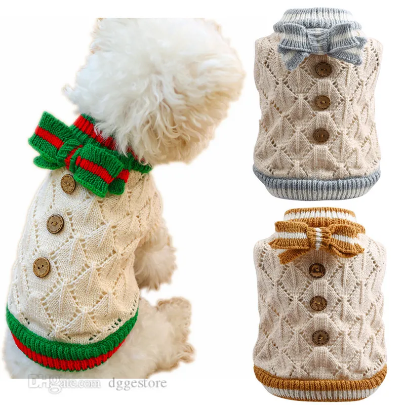 Dog Clothes Puppy Cat Sweater Winter Coat Designer Dog Apparel Soft Hollow Bowknot Button Decor Pullover Jumper for Dogs Poodles Sherena French Bulldog Khaki S A246