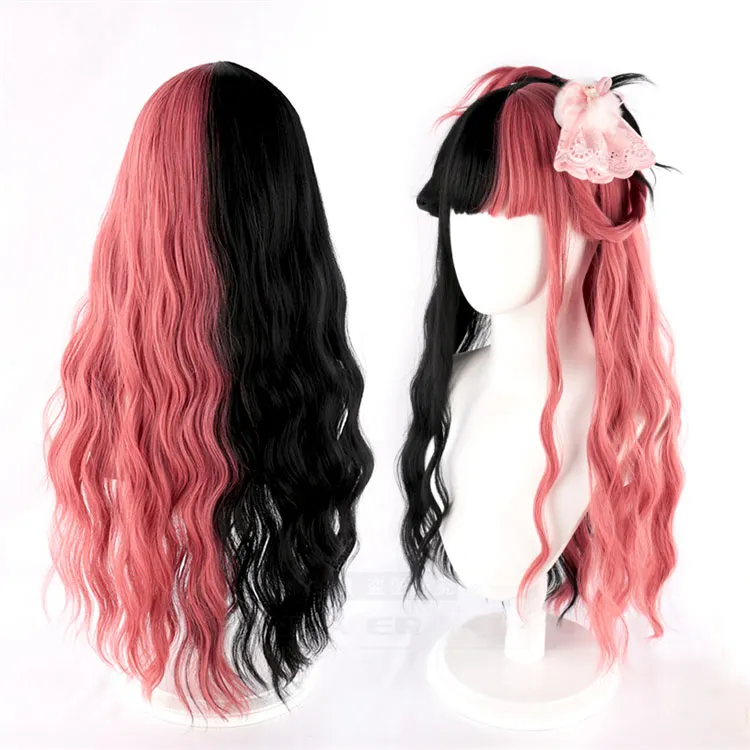 Parrucca Lolita colore rosso nero misto Harajuku capelli lunghi ricci sintetici frangia frangia ragazze adulte quotidiane