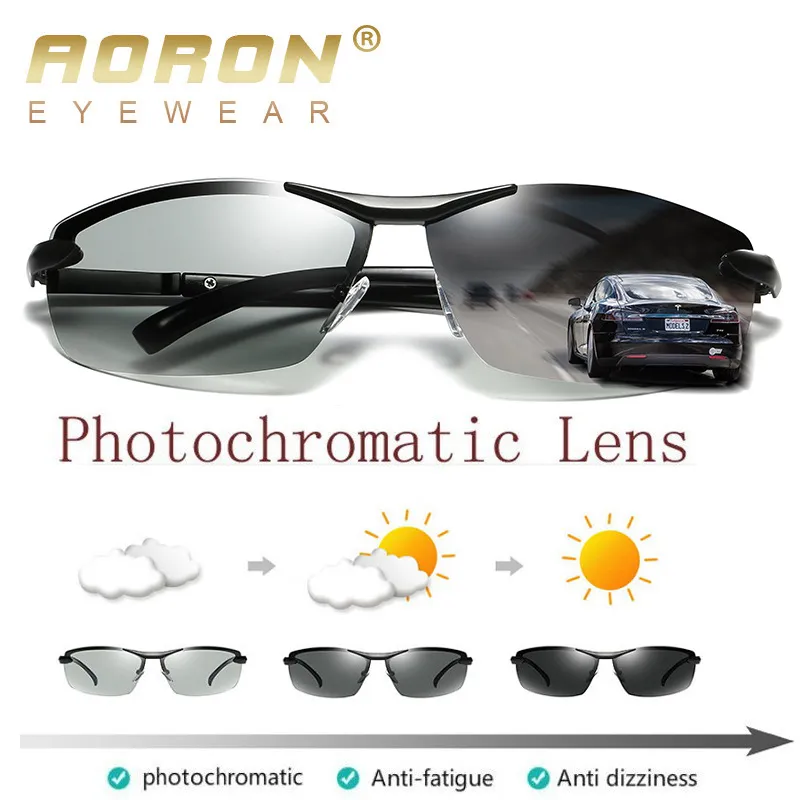 Aoron Photochromic偏光サングラスの男性変色アイウェアアンチグレアUV400メガネドライビングゴーグルOculos