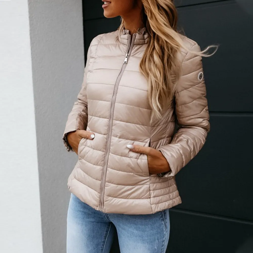 Novo Outono Primavera Ultra Fina Down Jacket Mulheres Leve Lightweight Down Jackets Ultra Light Bege Casaco Quente Casacos Curtos Femme D30 201019