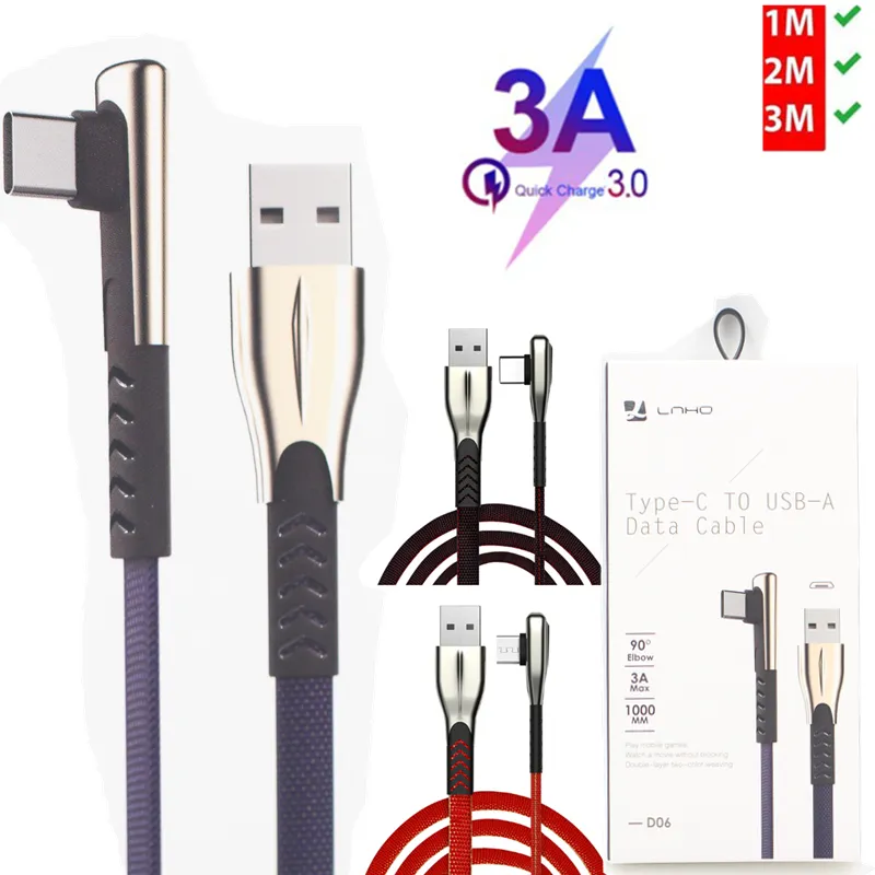 3FT 6FT 10FT Cabos de 90 graus Cabo de Tipo C Tipo C para Samsung Micro Cabos USB Linha de dados QC3.0 com pacote de varejo