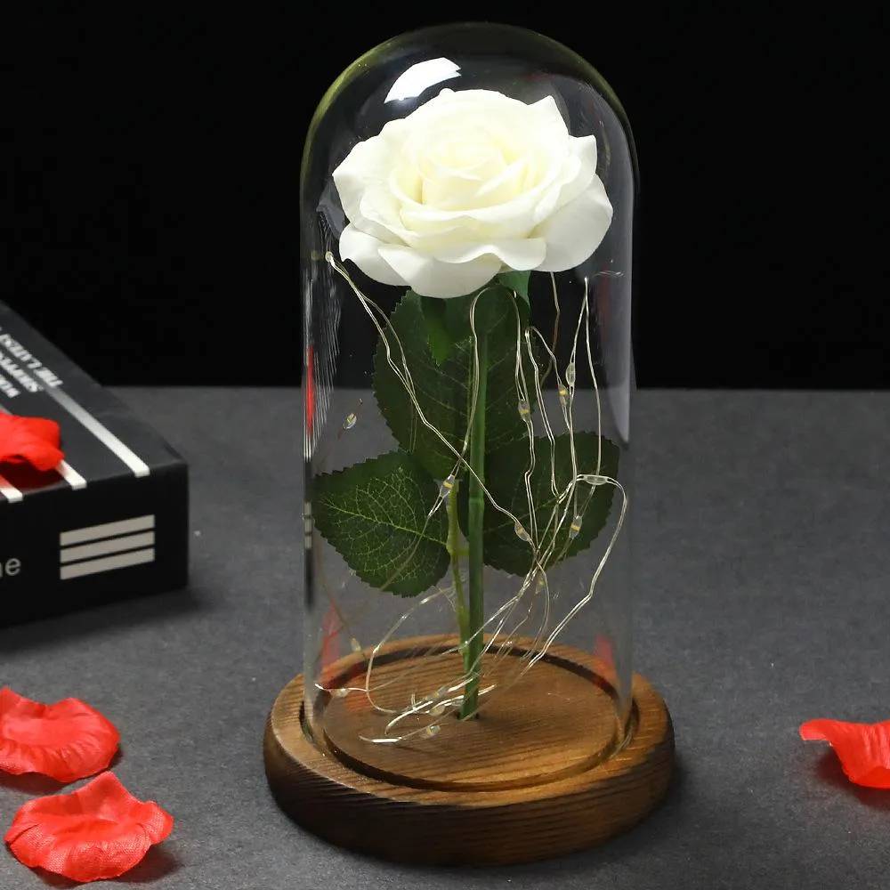 Decorative Flowers glass cover lamp artificial rose LED mother`s Day ornament Valentine`s gifts