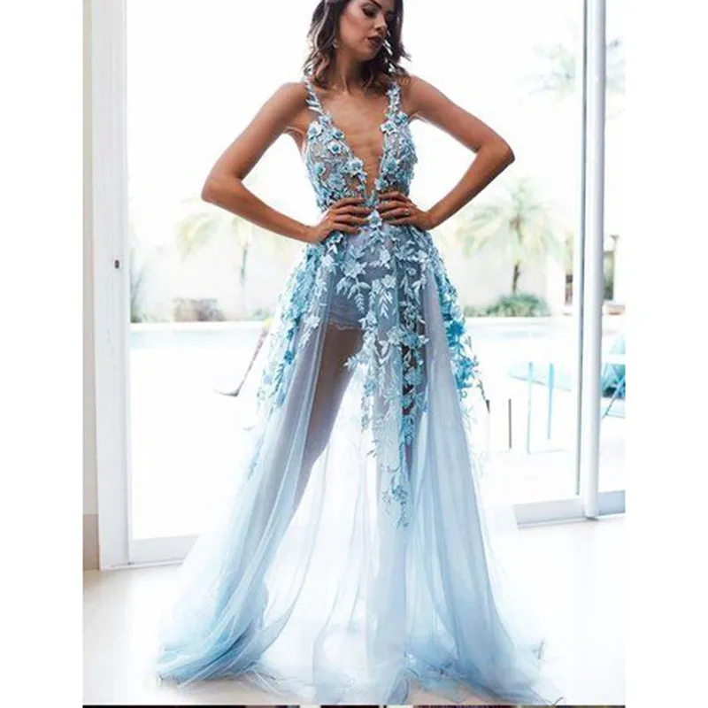 Sexy azuis Tulle Prom Vestidos longos 2019 New Arrival ocasião Sexy V pescoço Ilustion Flor Especial vestidos de noite Custom Made