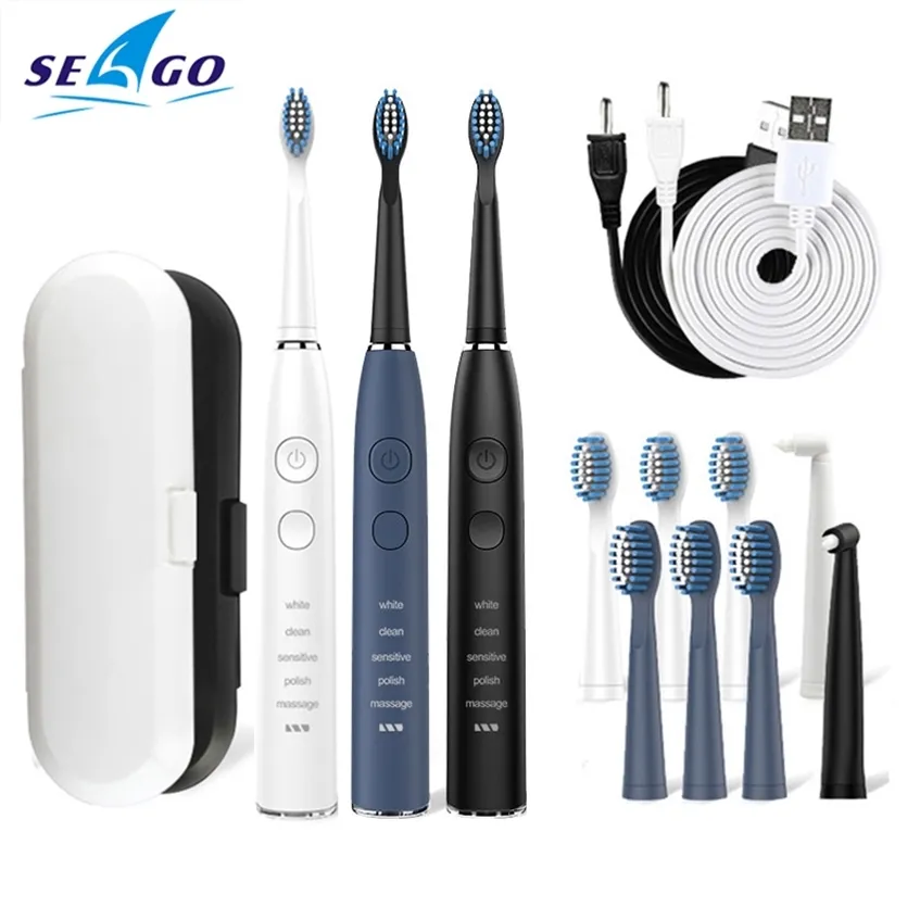 Seago Sonic elektrische Zahnbürste SG575, IPX7 wasserdicht, 5 Stück weiche Borstenbürstenköpfe, 1 Jahr lange Haltbarkeit, wiederaufladbar, 220224