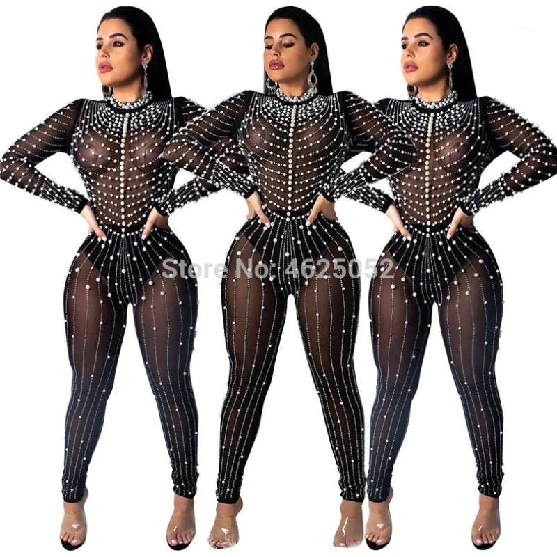 Diamond and Pearl Sheer Mesh Jumpsuit Vrouwen Sexy Lange Mouw Nachtclub Party Romper Vrouwelijke Schede Outfits Plus Size XL1 Dames Jumpsuits