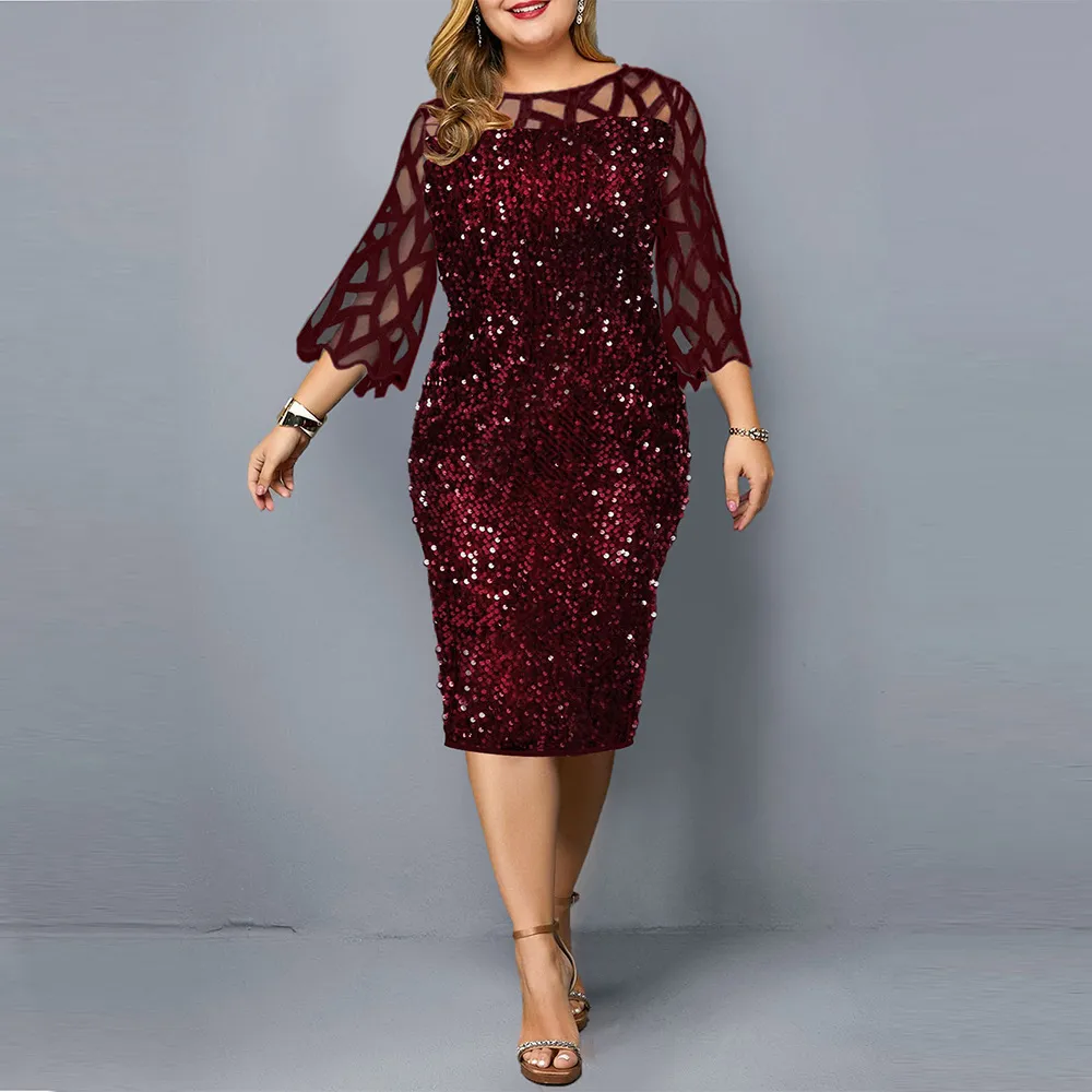 Robes de soirée Paillettes Plus Taille Robe Femme 2021 Été Anniversaire Tenue Sexy Rouge Robe Moulante Mariage Soirée Night Club Robe Y0118