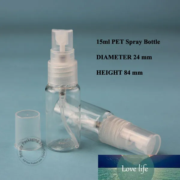 ¡Promoción! 100 unids/lote 15ml botella de Perfume PET contenedor de Spray 1/2OZ tapa de atomizador de plástico pequeñas mujeres cosméticas recargables