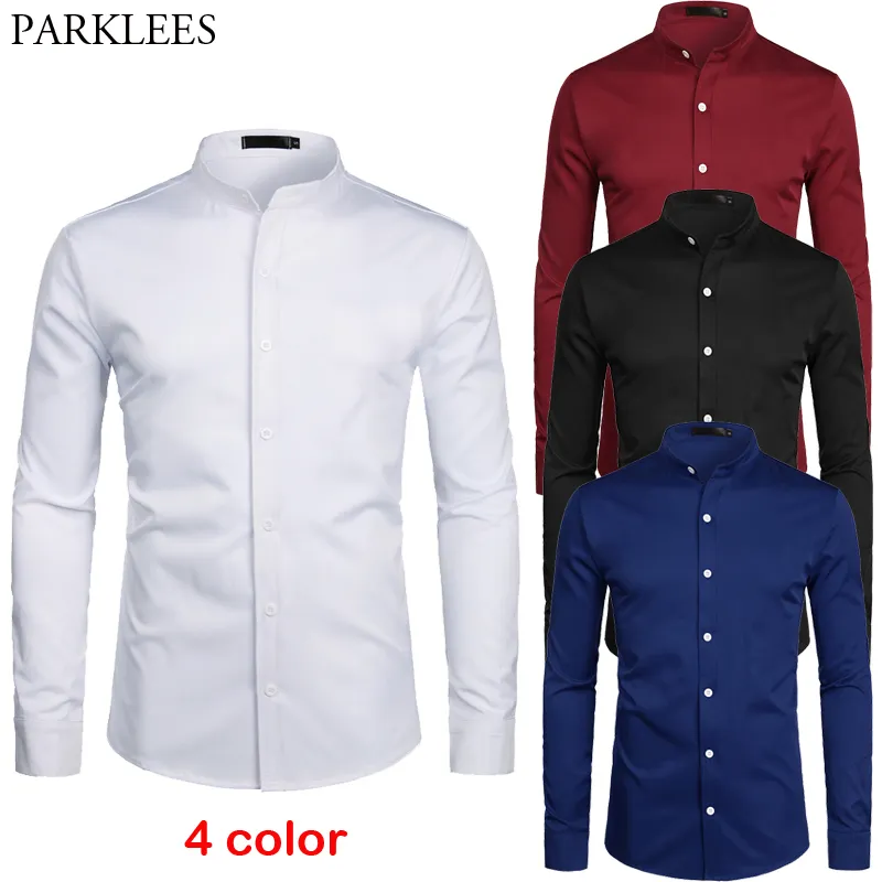 Beyaz Bantlı Yaka Elbise Gömlek Erkekler Slim Fit Uzun Kollu Rahat Düğme Aşağı Shirt Erkek İş Ofis İşi ​​Chemise Homme S-2XL LJ200925