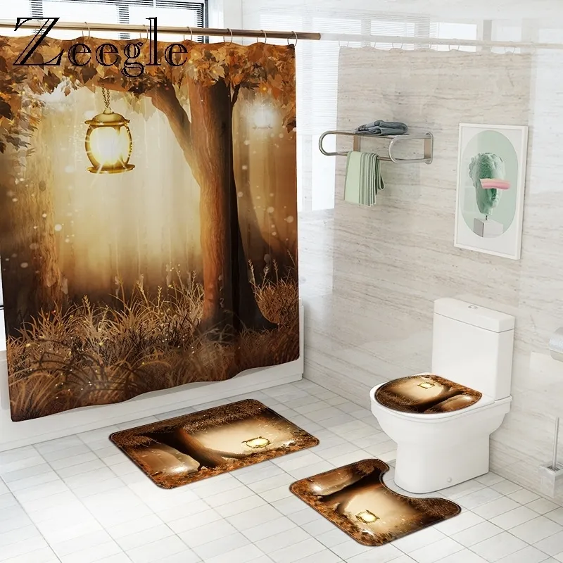 Pastoral Scenic Bath Mat and Waterproof Shower Curtain Set Flannel Bathroom Floor Carpet Bathroom Rug Shower Room Foot Mat