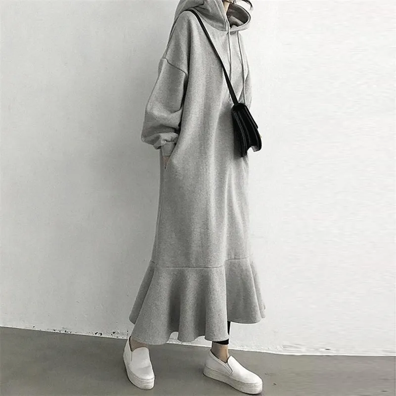 Womens Fleece Hoodie Dress Casual Korean Style, Long Sleeve