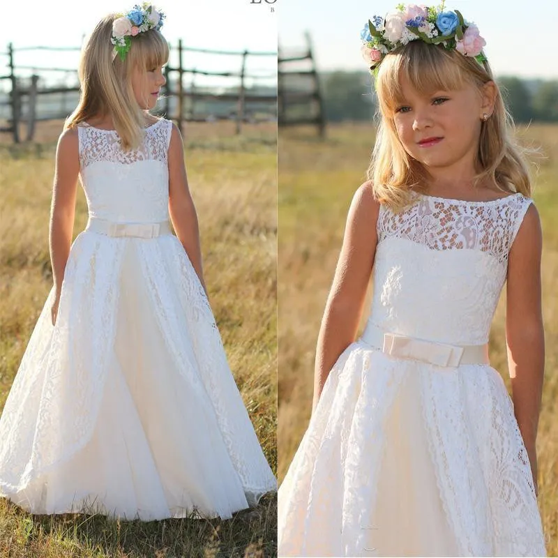 Country Flower Girls Dresss for Weddings A Line Jewel rosa rosa fascia arco lungo pizzo piccolo Kids First Communione abito personalizzato