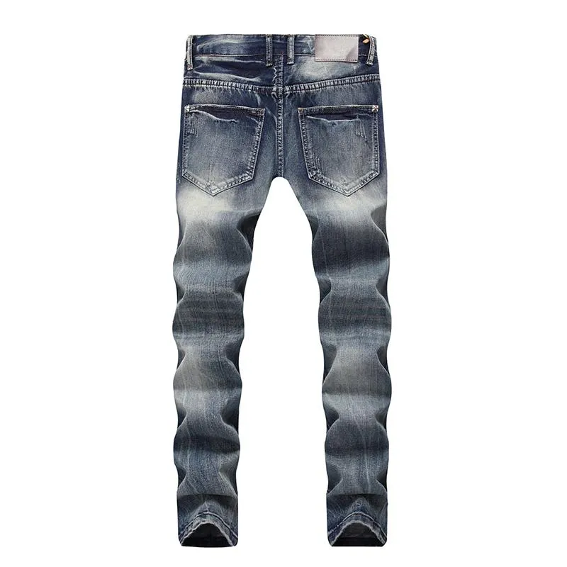 Silentsea Fashion Jeans Jeans ButtonPantsトレンディデザイナーメンズジーンズ高品質の青色のまっすぐにリッピング