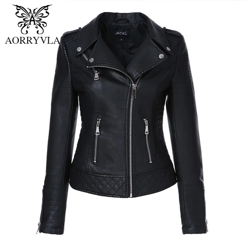 AORRYVLA Nouveau Automne Femmes PU Veste en cuir Turn-Down Collier Femme Moto Biker Zipper Veste Slim Noir Faux Cuir Outwear LJ201021