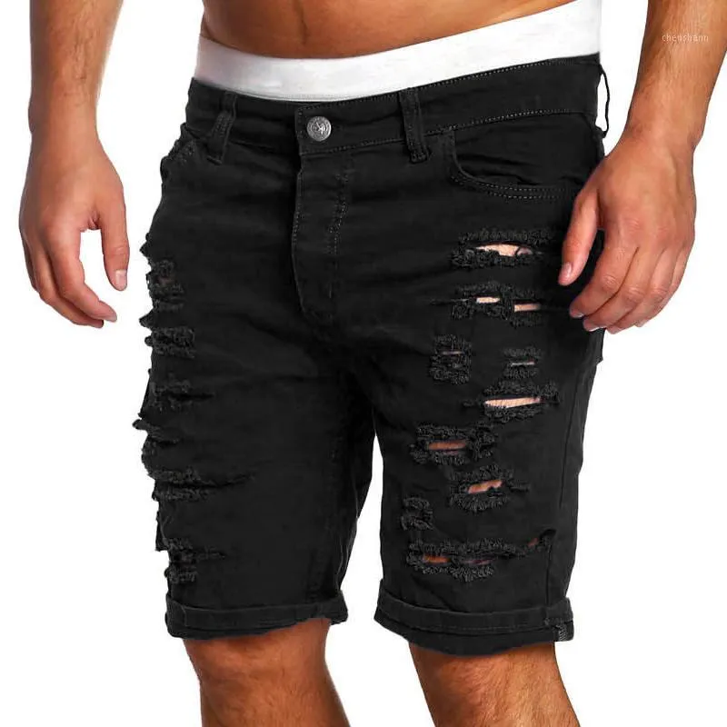 Moda Ripped Hole Denim Spodenki Mężczyźni Czarny Biały Szczupły Skinny Proste Casual Caurs Spodenki Mężczyźni Vintage Low Waist Krótki Homme1