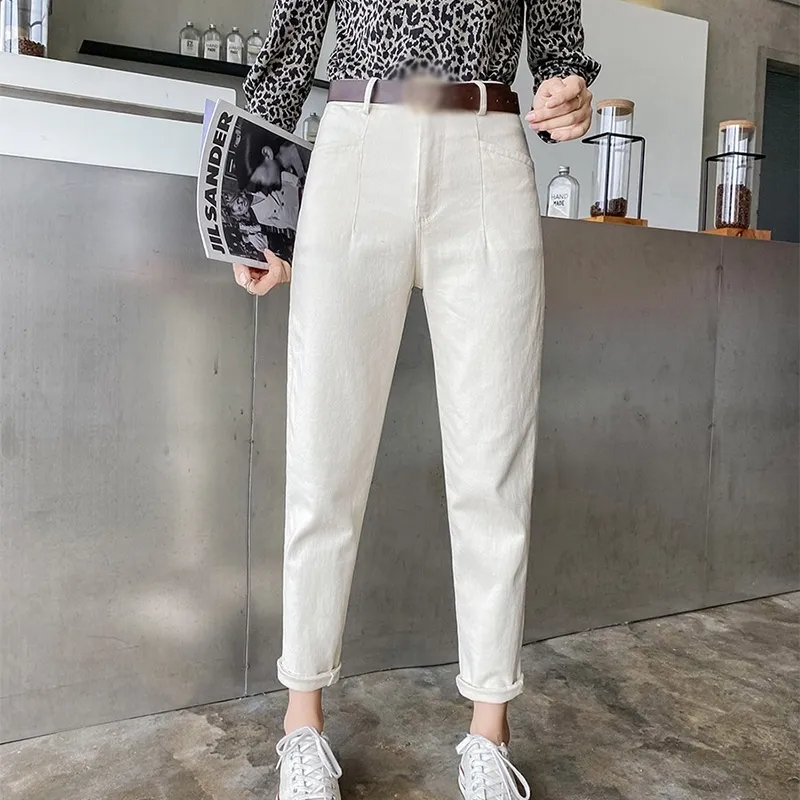 Hög midja Knapp Kvinnor Ankellängd Jeans byxor Beige Vita fickor Harem Rak denim Pant For Girls 2021 Korean Japan Style