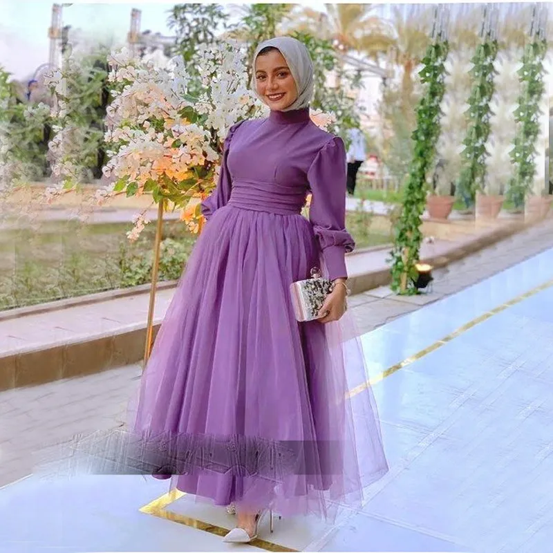 Purple Tulle Muslim Evening Dresses 2022 Long Sleeve High Neck Arabic Dubai Prom Dress Islamic Women Party Gown robe de soirée