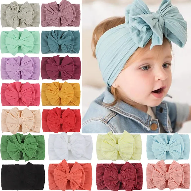 2021 Zachte Nylon Jacquard Haaraccessoires Kinderen Haarband Baby Super Stretch Boog Meisjes Grote Bows Effen Hoofdbanden M2870