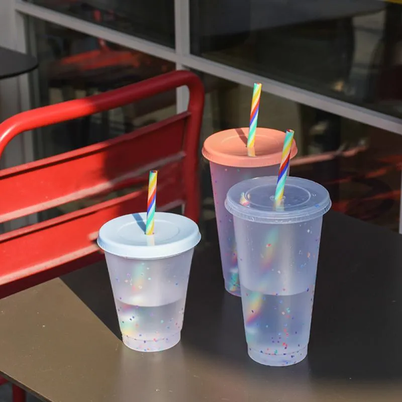 24oz/16oz High Quality Mugs Confetti Cup With Rainbow Straw Dot Color Changing Cups PP Cold Water By Sea XG0377