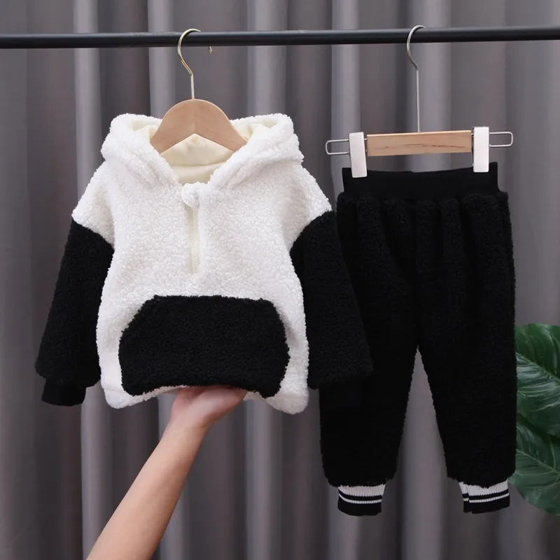 Fashion Children Thicken Clothing Autumn Winter Baby Boys Girls Cotton Hooded Jacket Pants 2Pcs/sets New Toddler Casual