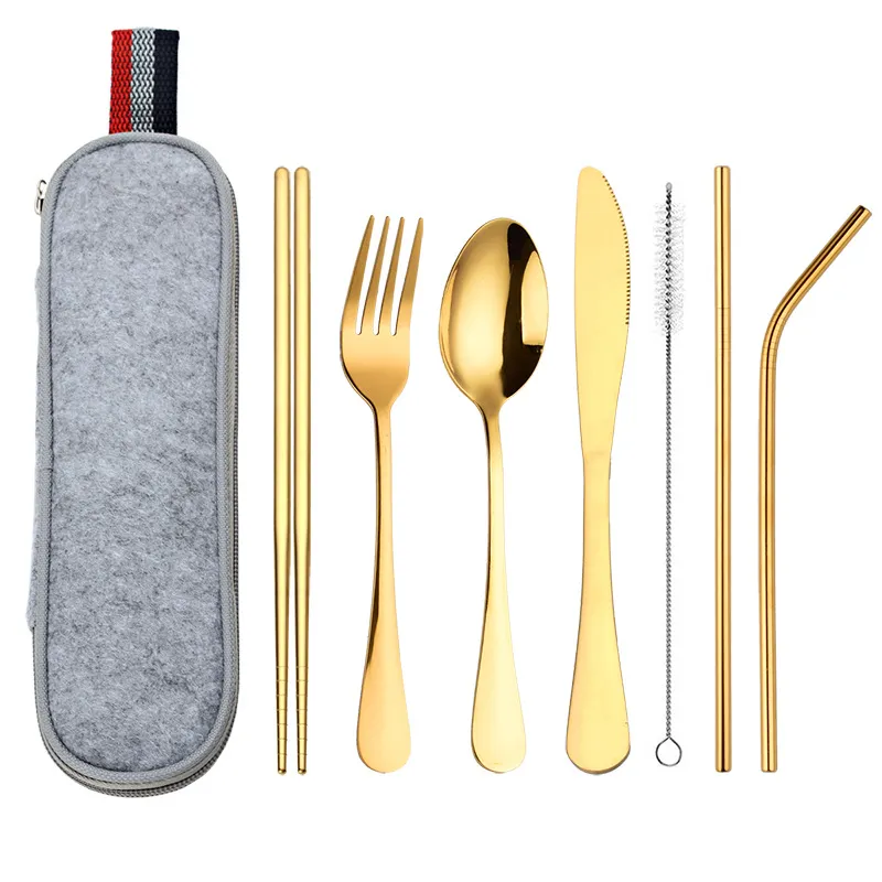 8pcs Sets Knife Fork Scoop Straight Curved Straw Chopsticks Brush Stainless Steel Portable Bag Tableware Suits Travel Utensil New 18 8wl K2