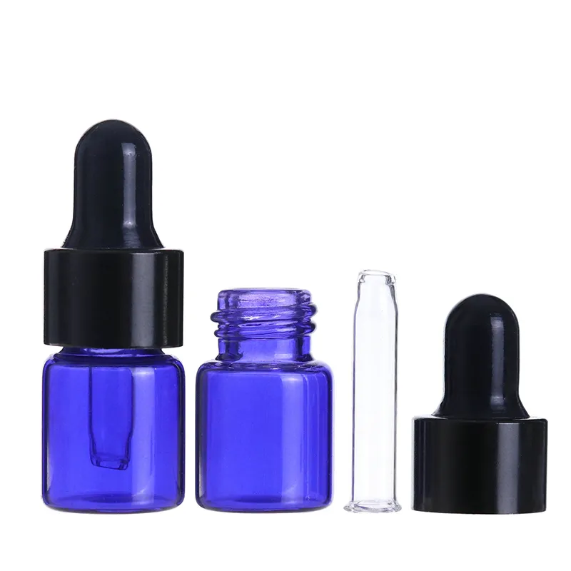 Precio de fábrica Mini botella cuentagotas vacía aromaterapia portátil botellas de aceite esencial azul 2 ml con cuentagotas de vidrio 1000 unids/lote