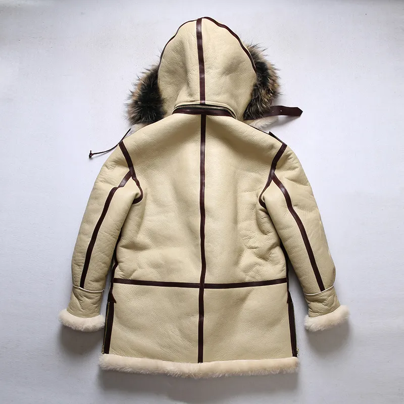 B7 Merino sheep fur double face fur jackets with raccoon fur trim hoody Polar snow mountain cold protection