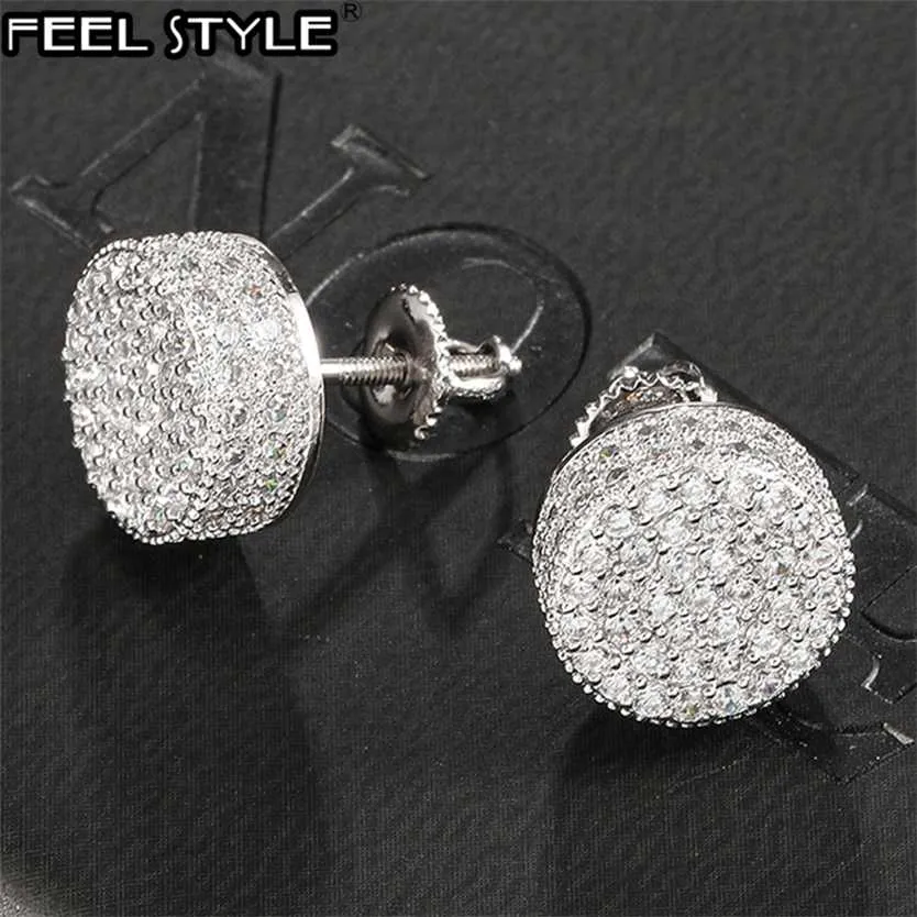 Hip HOP 1pair Micro Full Paved Round Zircon CZ Stone Bling Iced Out Stud Earring Copper Earrings for Men Jewelry 220125