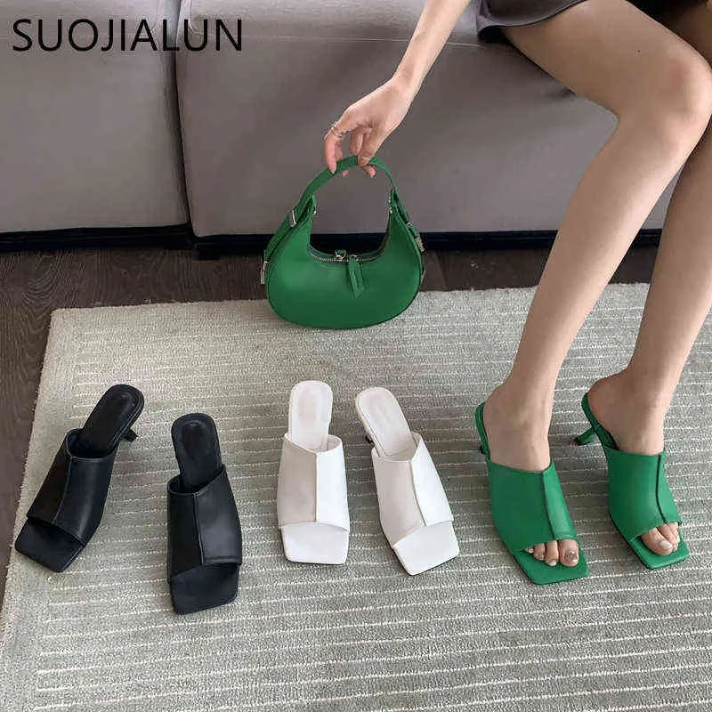 SUOJIALUN 2022 New Brand Green Women Slipper Fashion Thin High Heel Ladies Outdoor Beach Slides Elegant Sandal Shoes Flip Flops Y220221